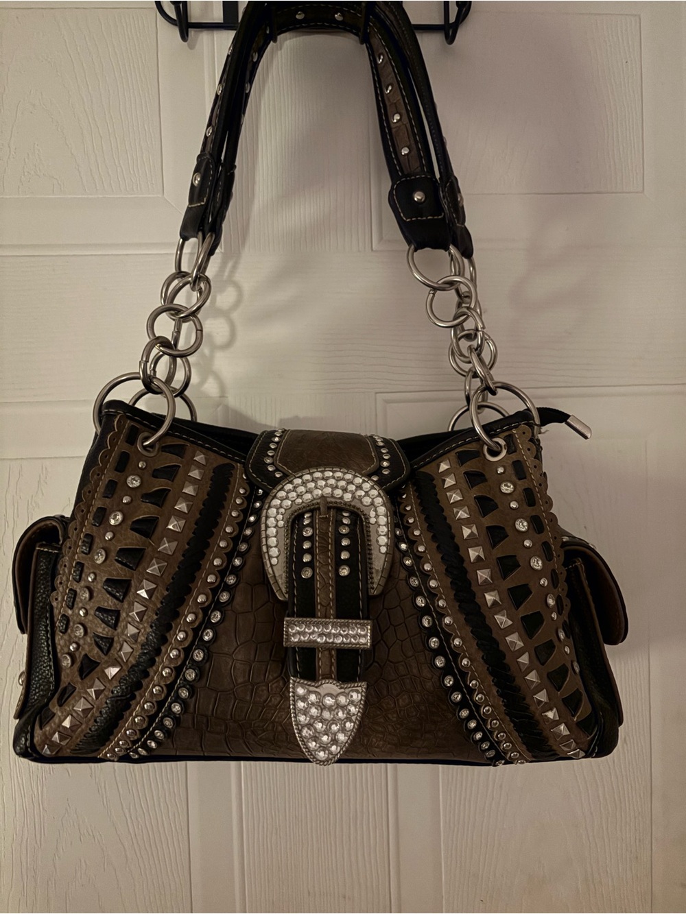 Shyanne Brown Faux-Croc Studded Shoulder Bag with Rhinestone Buckle